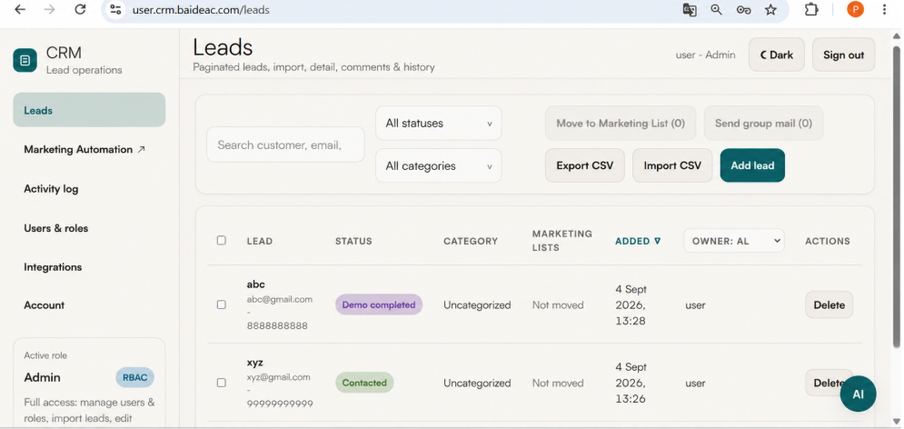 Baideac AI-Powered CRM — Leads workspace with statuses, categories, marketing lists and lead history