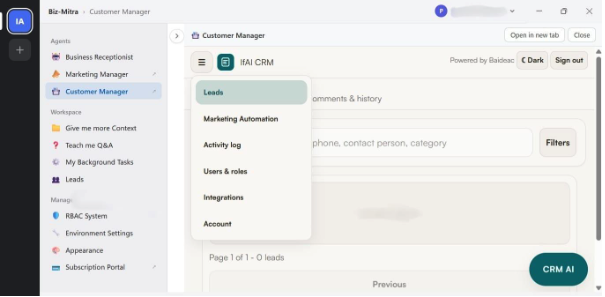 Biz Mitra as a control centre connecting Business Receptionist, Customer Manager and Marketing Manager